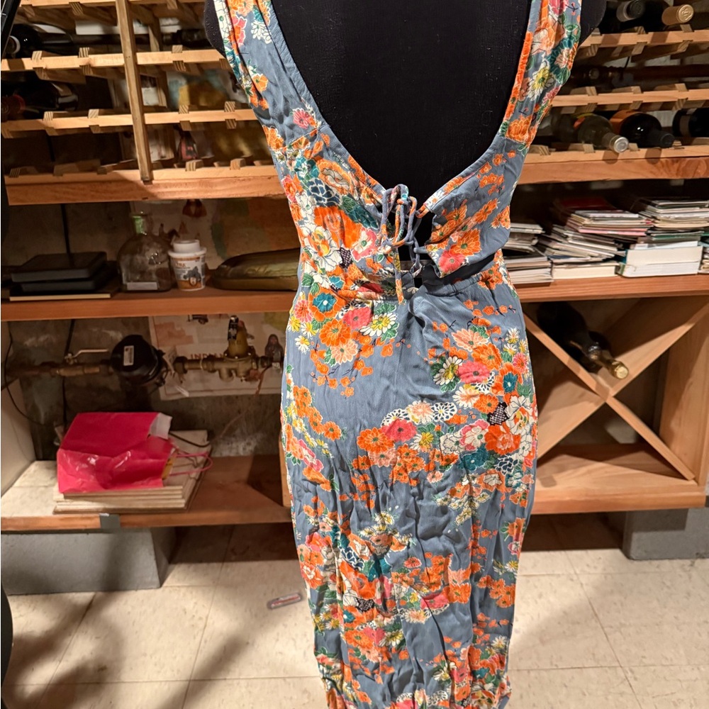 Y2K Free People Vintage Floral Midi Dress Blue Orange Lace Up Back Size 7/8